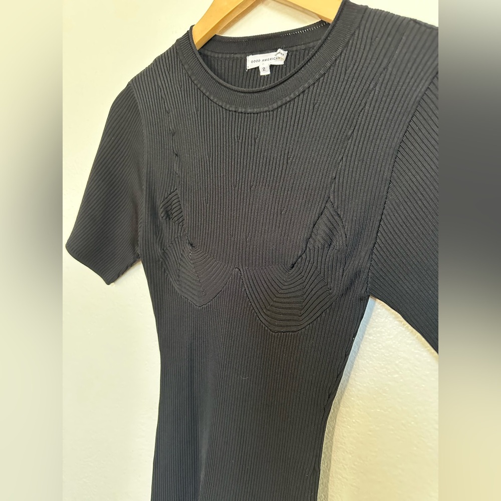 Good American Classic Black Ribbed Midi Dress with intricate ribbing on bust. - Picture 9 of 12